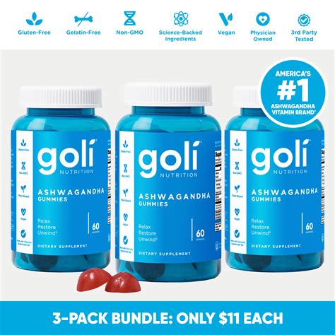 3 Bottles of Goli Ashwagandha & Vitamin D Gummy - KSM-66, Vegan, Plant | Goli®