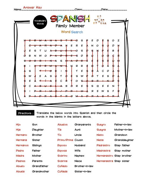 Spanish Family Members Vocabulary Word Search & Answer Key | Made By ...