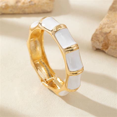 Just Lil Things Gold-Tone Enamel Bamboo-Style Bracelet in Classic Whit