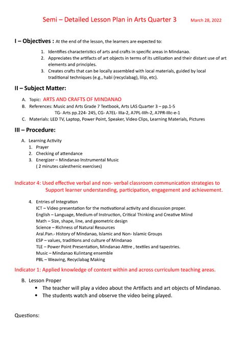 Semi Detailed LP in Arts Q3 - Semi – Detailed Lesson Plan in Arts ...