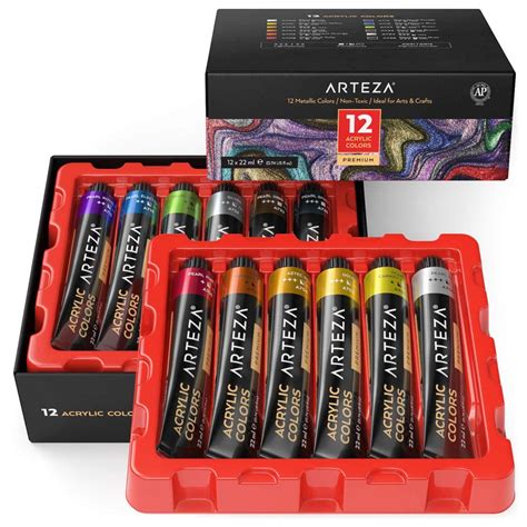 Arteza Premium Acrylic Colours - Metallic Colour Set of 12 x 22 ML ...