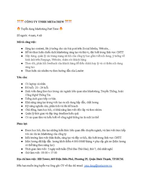 JD Marketing-Part-time - CÔNG TY TNHH METACREW Tuyển dụng Marketing Part Time Số người: 4 nam, 4 ...