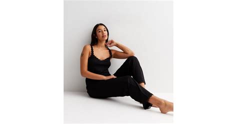 Tall Black Modal Lace Trim Trousers | New Look