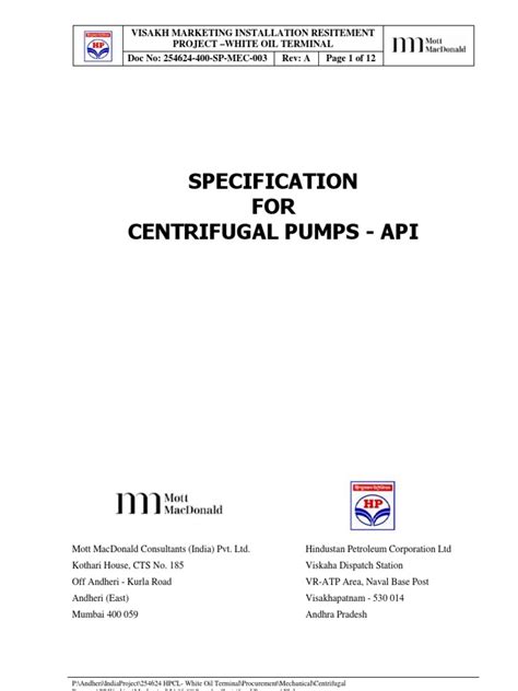 Spec For Centrifugal Pumps - API | PDF | Pump | Specification ...