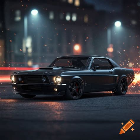 A photorealistic black 1969 Ford Mustang with bright headlights parked on a dark city street at ...