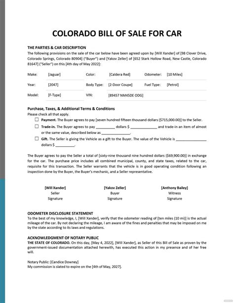 Colorado Auto Bill of Sale Template in Word, PDF, Google Docs ...