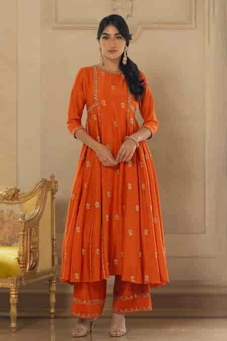 Buy Orange Chanderi Mirrors, Zari, Embroidery Round Neck Anarkali And ...