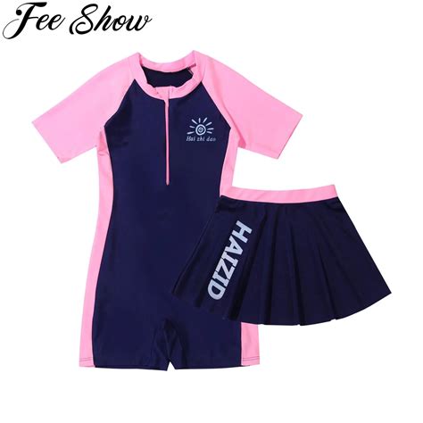 Summer One Piece Swimsuit With Skirt Kids Girls Short Sleeves Swimwear ...