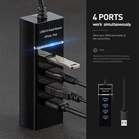 IIVAAS 4 Port USB Hub Splitter 3.0- Black Non Slip Ultra Slim High ...