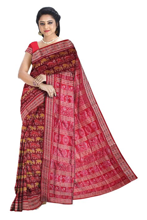 Deer pattern pure silk saree is maroon and red color base.