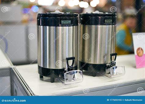 Coffee Dispenser for Hotels and Conferences. Metallic Cofe Dispenser for Americano. Drink Coffee ...