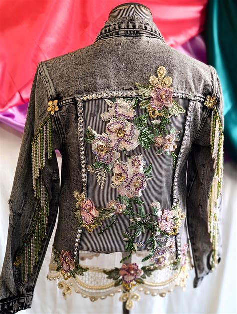 Lace With Pale Roses and Beige Lace at the Bottom on a Grey Denim ...