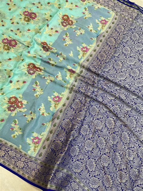 Aqua Blue Pure Chiffon Khaddi Banarasi Saree — The Handlooms