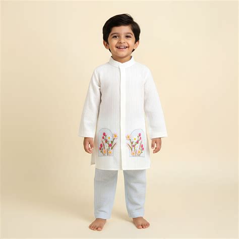 Keebee Organic Cotton Embroidered Light Blue Kurta and White Pajama Pa ...