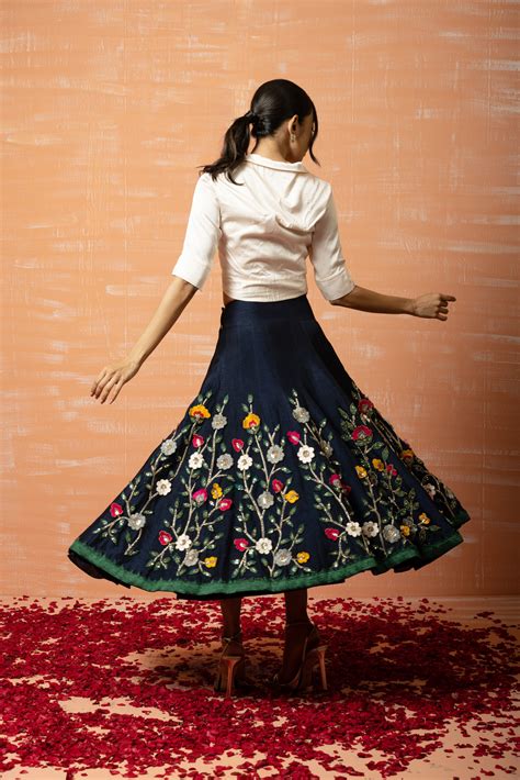 White Shirt and Blue 3D Half Lehenga Set
