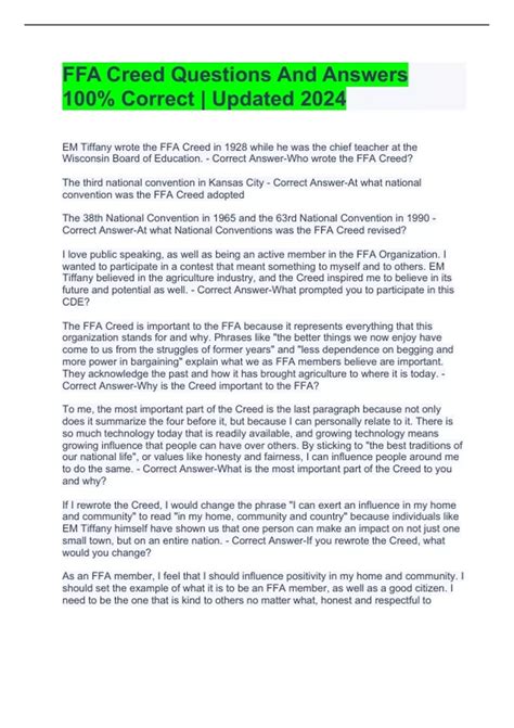 FFA Creed Questions And Answers 100% Correct | Updated 2024 - FFA Creed ...