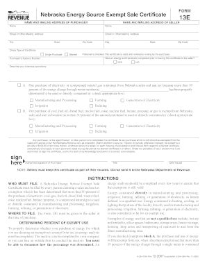 Nebraska Energy Source Exempt Sale Certificate, Form 13E - Revenue Ne ...