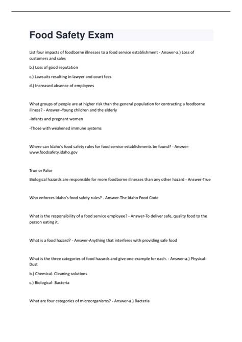 Food Safety Exam Questions With All Correct Answers!! - Food Safety ...