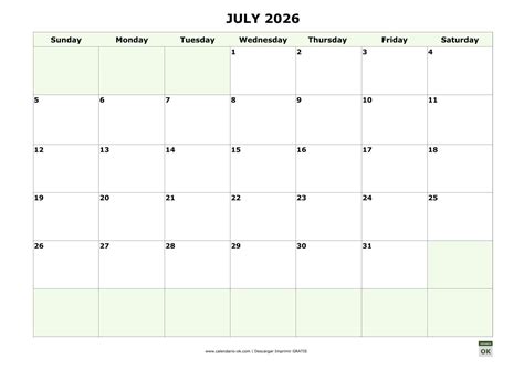 Plantilla Calendario 【JULIO 2026】 para IMPRIMIR PDF
