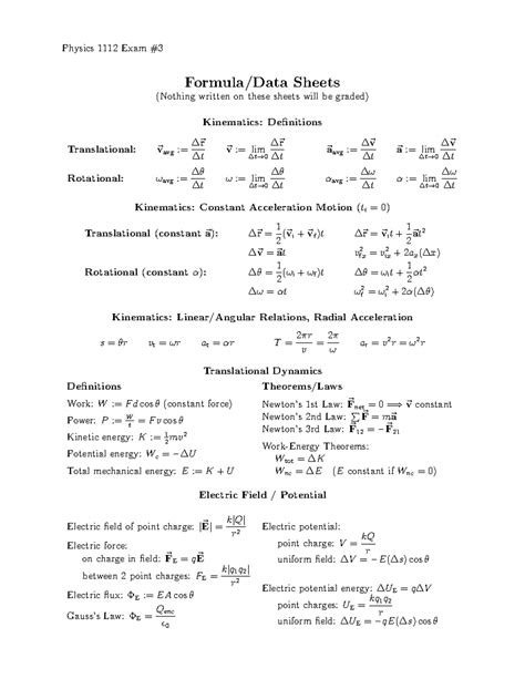 1112 formula sheet 3 - Physics 1112 Exam # Formula/Data Sheets (Nothing ...