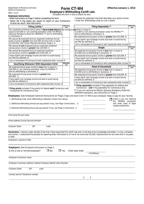 Form Ct-W4 - Employee'S Withholding Certifi Cate - 2013 printable pdf ...
