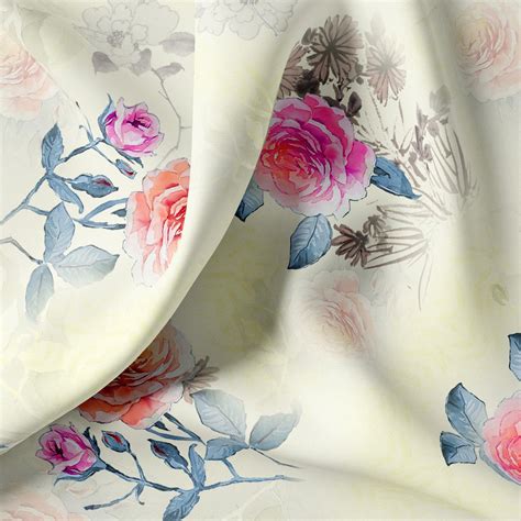 Floral Jam Satin Fabric - Yellow - Digital Printed - Unstitched Fabric ...