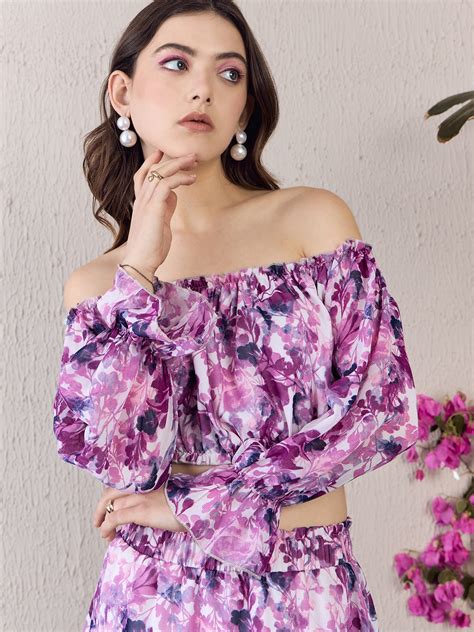 Women White & Purple Floral Printed Off-Shoulder Neck Slip-On Cropped ...