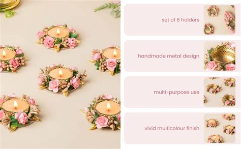 Buy Divyakosh Metal Flower Tea Light Holder Stand Set of 6 Pcs with Wax ...