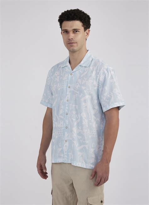 Men Blue Resort Collar Abstract Print Short Sleeve Shirt | Pepe Jeans India