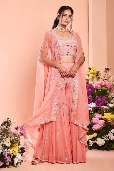 Buy Pink Organza, Georgette Resham , Foil Mirror Cape Sharara Set For ...