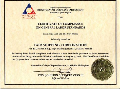 Certificate of Compliance on General Labor Standards & Certificate of ...