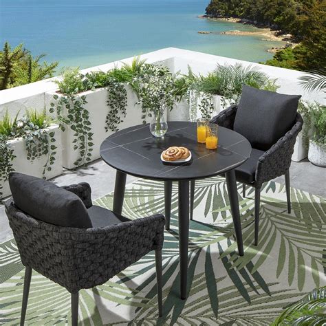 2 Seater Round Ceramic Garden Table and Chairs Dining Set Grey Black ...