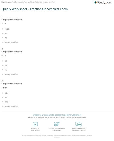 Quiz & Worksheet - Fractions in Simplest Form | Study.com