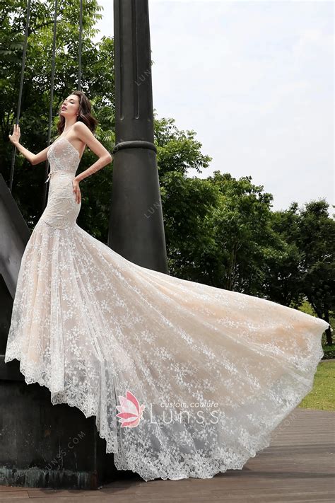 Sheer Flower Lace Spaghetti Strap Mermaid Bridal Dress - Lunss