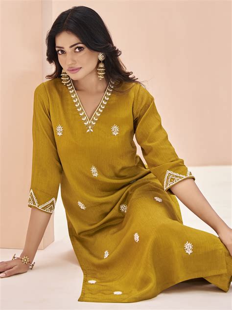 Buy Mustard Yellow Embroidered Chinon Pant Suit From Ethnic Plus