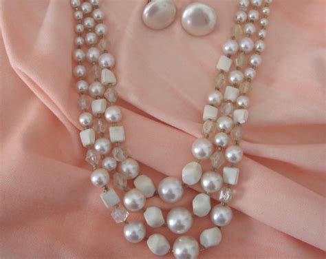 Vintage 1950's 3 Strand Faux Pearl Beaded Necklace W Clip-on Pearl ...