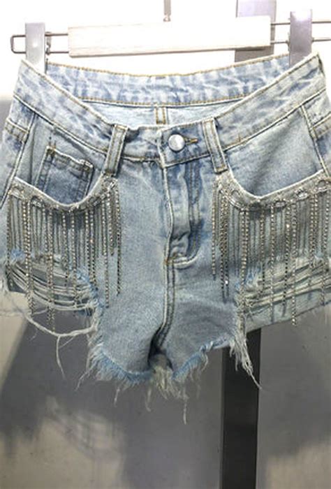 VALORIE - RHINESTONE FRINGE DENIM SHORTS | Denim jacket women, Denim ...