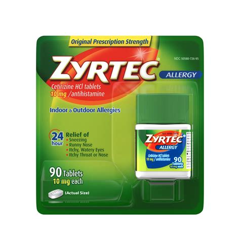 Zyrtec 24 Hour Allergy Relief Tablets with 10 mg Cetirizine Hci, 90 Ct ...
