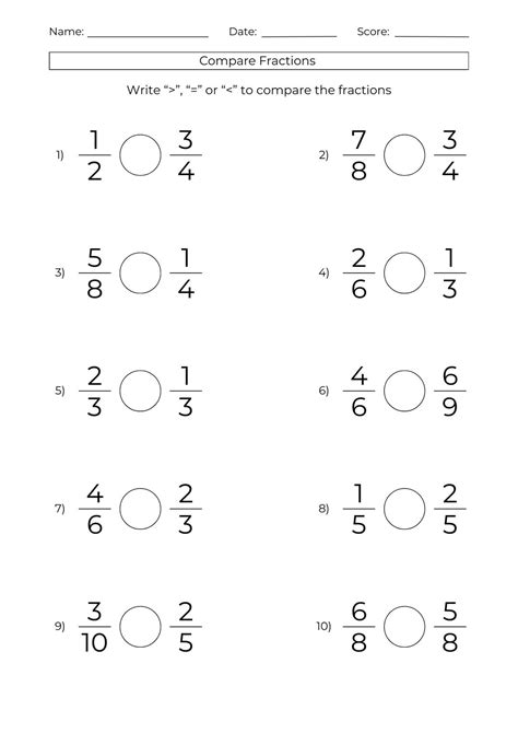 10 Printable Comparing Fractions Worksheets: Math Test Prep (PDF) - Etsy