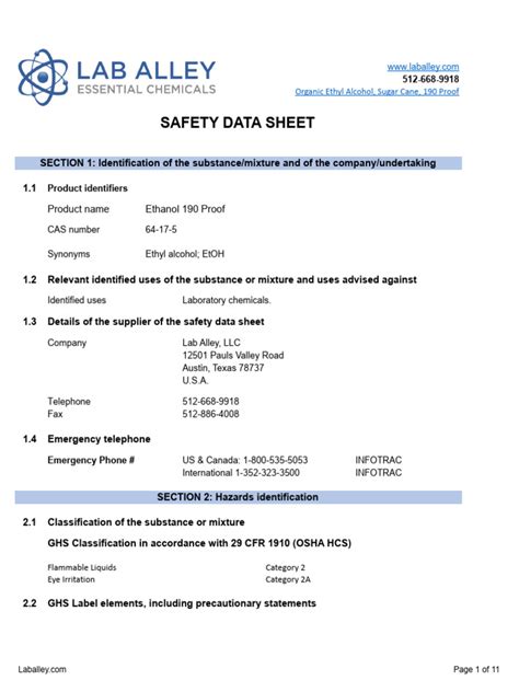 Organic Ethyl Alcohol 190 Proof Kosher FCC Safety Data Sheet ...