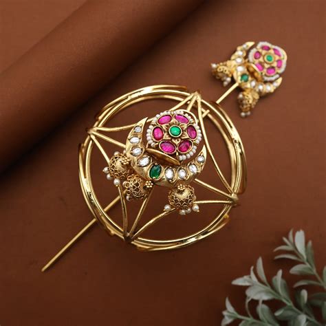 Jadau Kundan Flower Chaand Hair Bun Holder - RED & GREEN - Bun Cage Ha