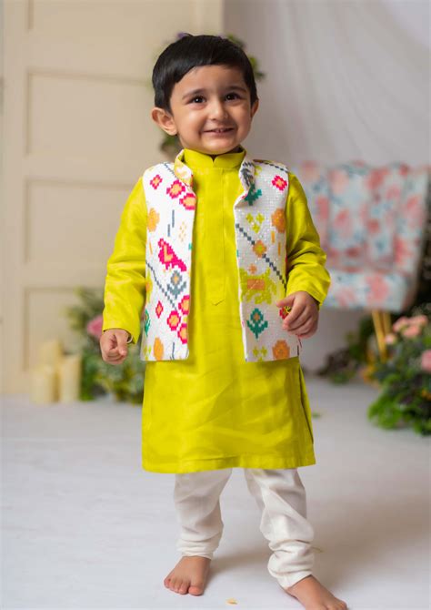 White Ikkat Nehru With Green Kurta Churidar Set – Lil Angels