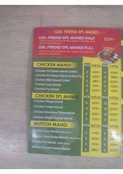 Menu at Girlfriend Mandi, Hyderabad, High Tech High Tech