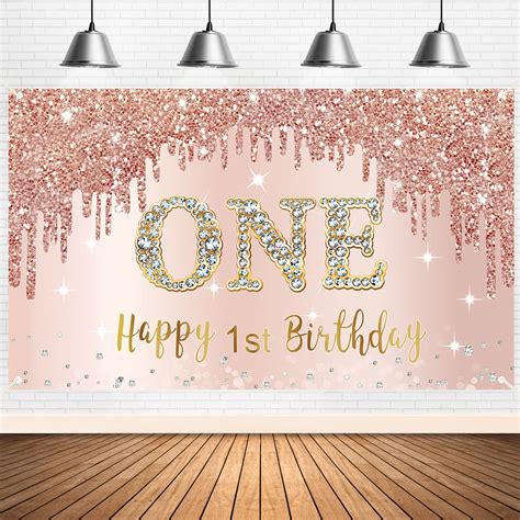 Buy Happy 1st Birthday Banner Backdrop Decorations for Girls, Rose Gold ...