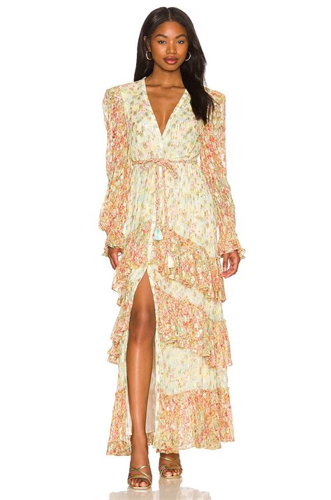ROCOCO SAND Long Dress with Braided Belt in Lime & Peach | REVOLVE