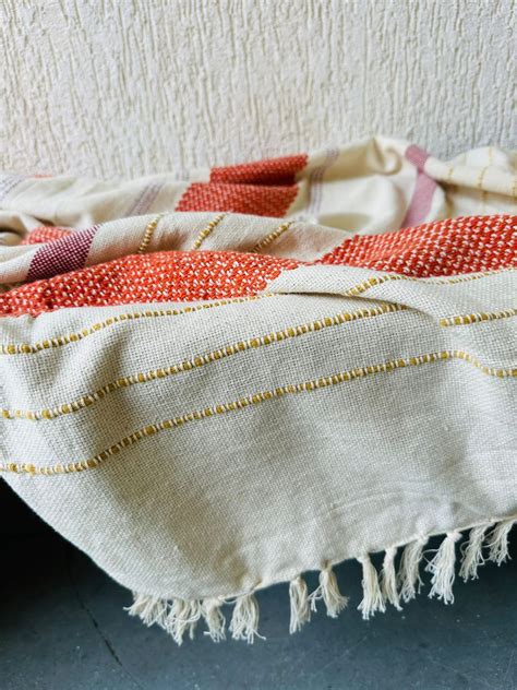 Handwoven Cotton Throw| Coral & Cream | Tesu