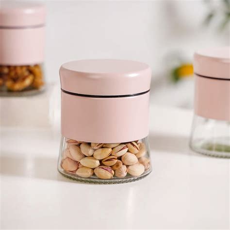 Set Of 4 Metal Storage Jar With Clear Glass Base 600ml Online - Premium ...