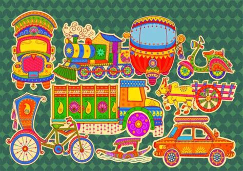 Vehicles Design Wallpaper in Indian Art Style for Walls - Magicdecor®