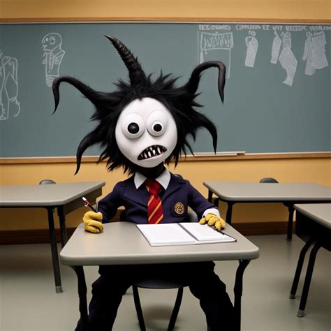 A Tim Burton style monster dressed in school uniform, sitting at a desk ...