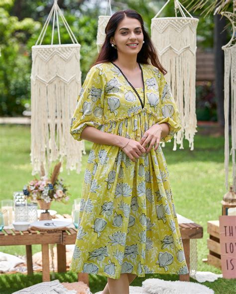 Shop Zenith Yellow Printed Cotton Dress for Women Online in India at Aachho